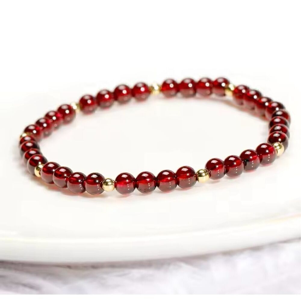 NWOT Natural Garnet Beads & 14k Gold-filled Elastic Beaded Bracelet Wine Red OS
